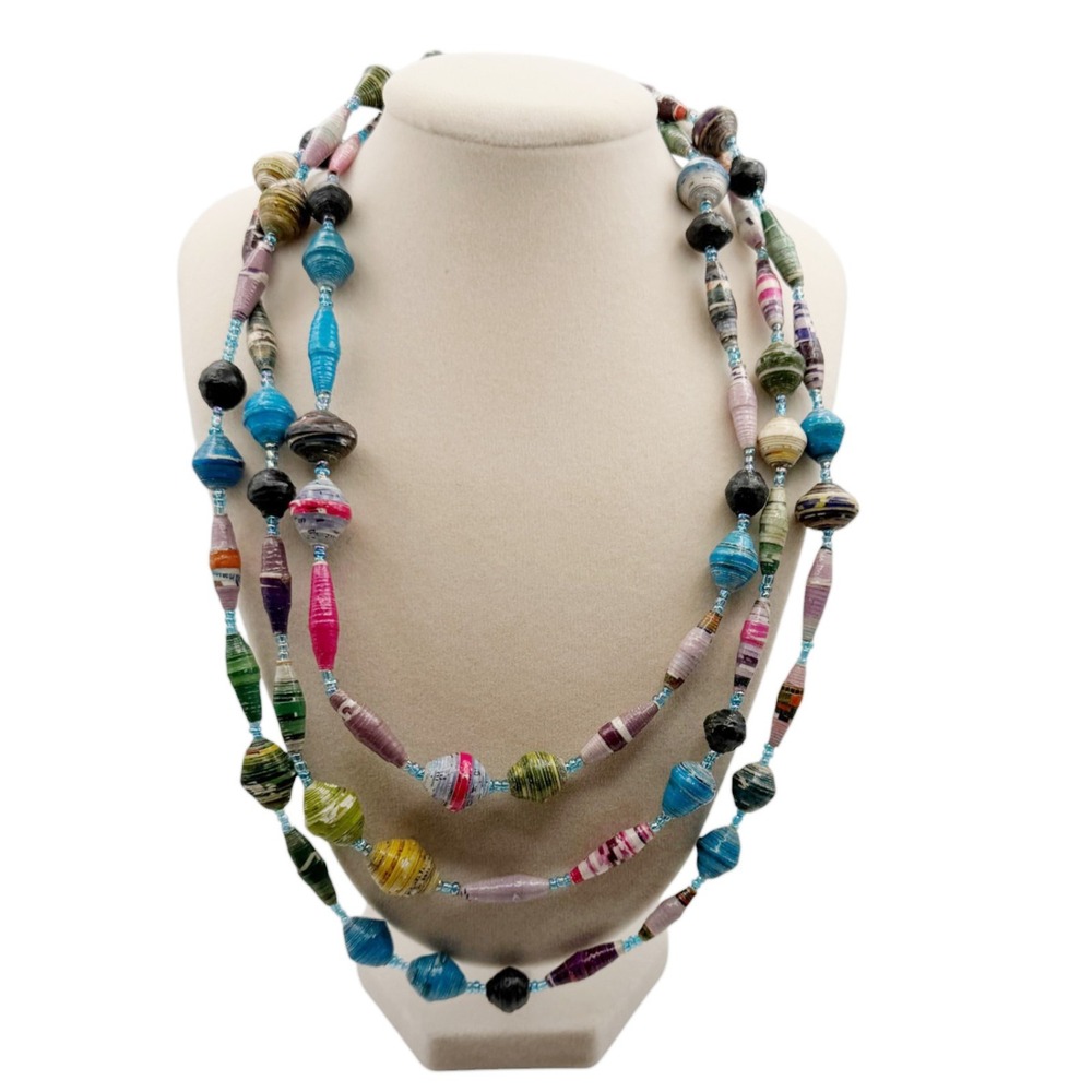 Artisan Recycled Paper Bead Necklace 60" Long Multicolor African Style Boho